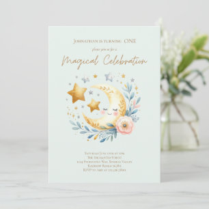 Pastel Blue Cute Baby Boy Moon 1st Birthday Invitation