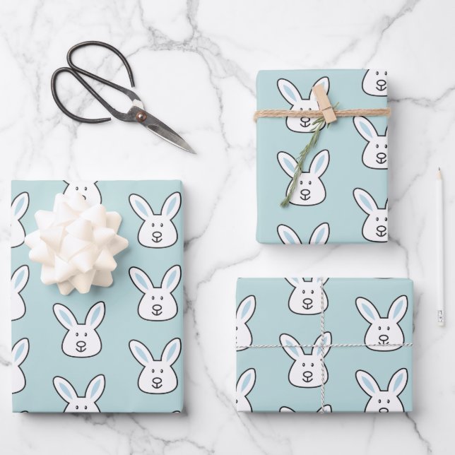 Pastel Blue Cute Easter Bunny Pattern Wrapping Paper Sheet (Front)