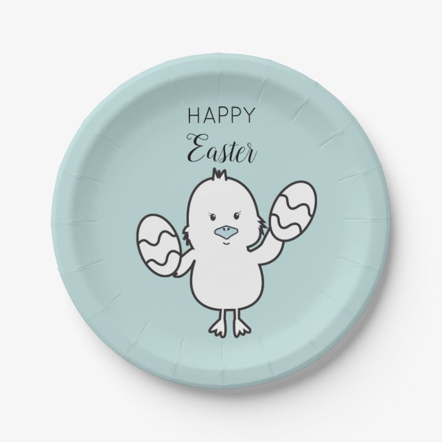Pastel Blue Cute Easter Chick & Eggs Illustration Paper Plate (Front)