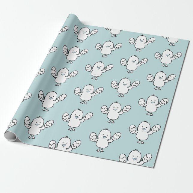 Pastel Blue Cute Easter Chick & Eggs Pattern Wrapping Paper (Unrolled)
