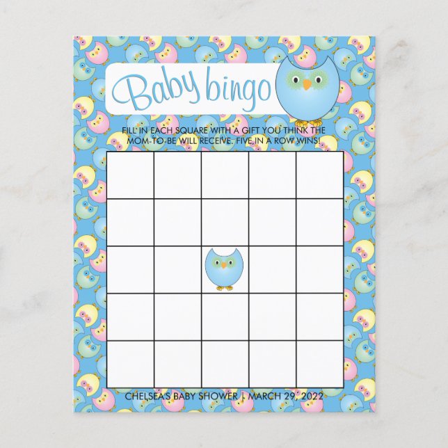 Pastel Blue Cute Owl Baby Shower Theme - Bingo Flyer (Front)