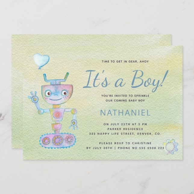 Pastel blue cute robot it's a boy baby shower invitation (Front/Back)