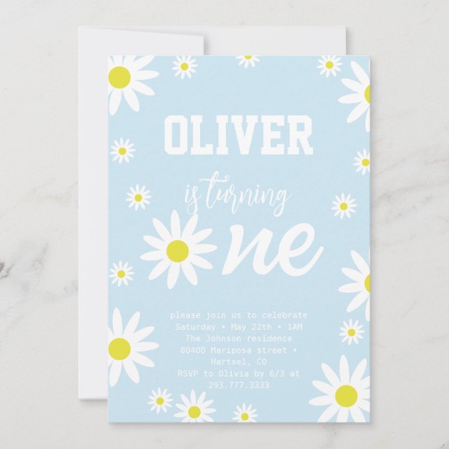 Pastel Blue Daisy 1st Birthday Party Boho White Invitation (Front)
