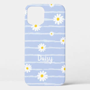 Pastel Blue Daisy Flowers Striped Pattern Custom iPhone 12 Case
