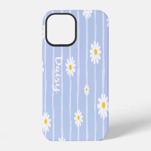 Pastel Blue Daisy Flowers Striped Pattern Custom iPhone Case (Back)