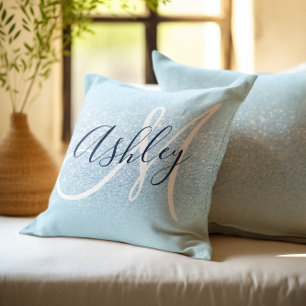 Pastel Blue Edge Ombre Glitter Monogram Cushion