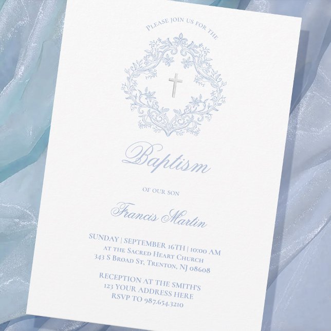 pastel blue elegant crest baby boy Baptism Invitation (Creator Uploaded)