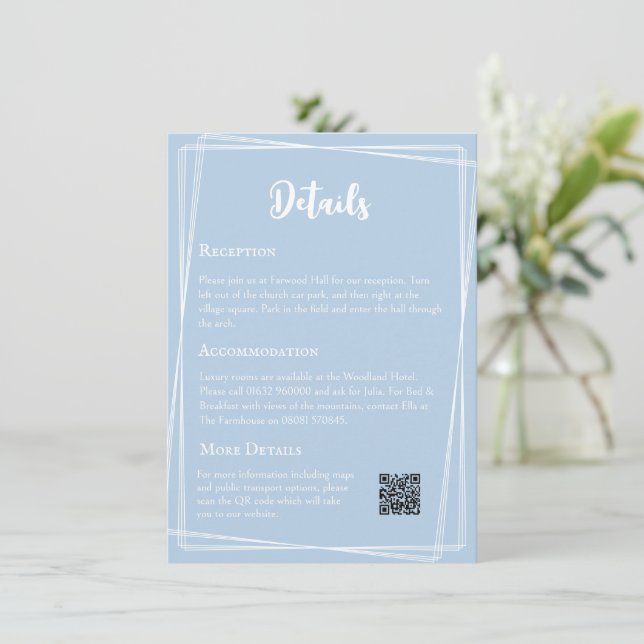 Pastel Blue Elegant QR Code Wedding Details Enclosure Card (Standing Front)
