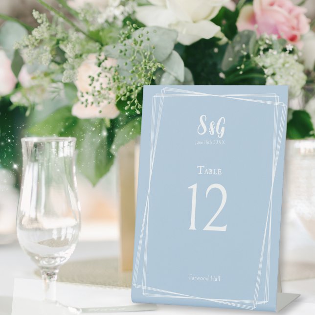 Pastel Blue Elegant Wedding Reception Table Number Pedestal Sign (An elegant table number sign for your wedding reception, in dusty blue and white)