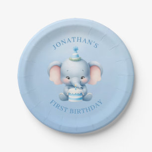 Pastel Blue Elephant Birthday Paper Plate