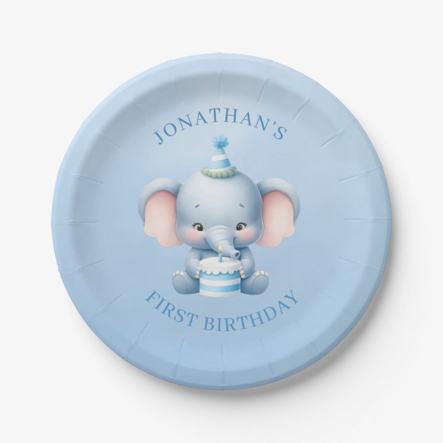 Pastel Blue Elephant Birthday Paper Plate (Front)