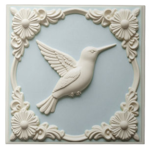 Pastel blue faux relief Art Nouveau Hummingbird Ceramic Tile