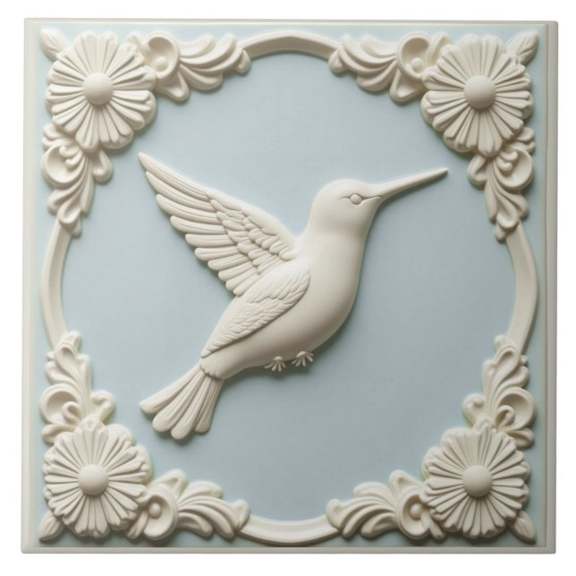 Pastel blue faux relief Art Nouveau Hummingbird  Ceramic Tile (Front)