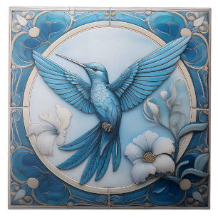 Pastel blue faux relief Art Nouveau Hummingbird L Ceramic Tile
