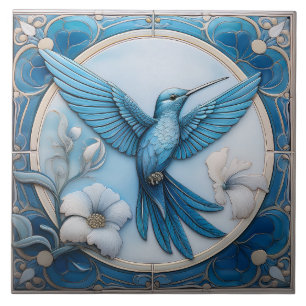 Pastel blue faux relief Art Nouveau Hummingbird R Ceramic Tile