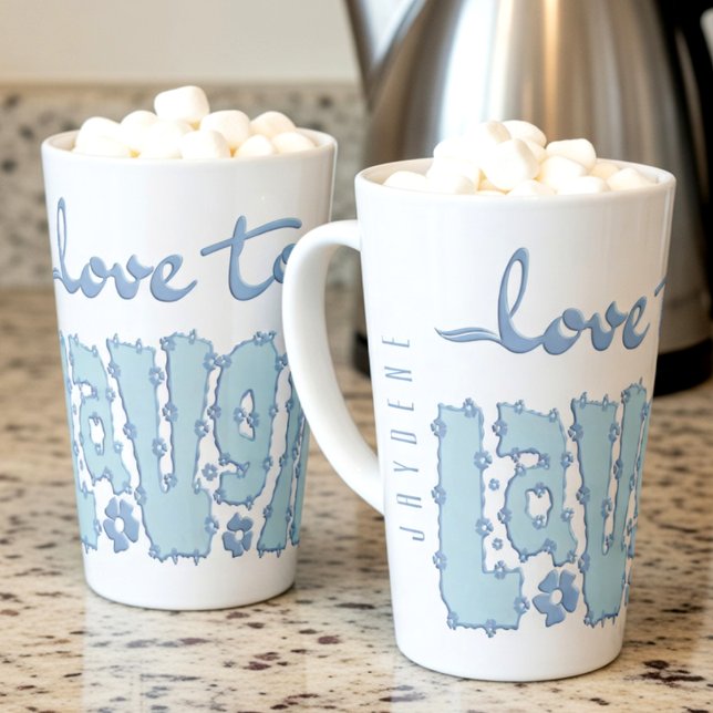 Pastel Blue Floral Chunky Text Slogan With Name Latte Mug (Customize it with any name printed vertically down the side for a unique, one-of-a-kind feel.)