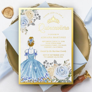 Pastel Blue Floral Dress Princess Quinceanera Gold
