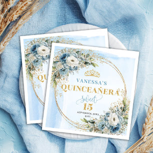 Pastel Blue Floral Eucalyptus Gold 15th Birthday Napkin