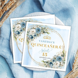Pastel Blue Floral Gold 15th Birthday Napkins