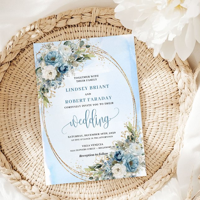 Pastel Blue Floral Gold Glitter Wedding Invitation (Pastel Blue Floral Gold Glitter Wedding Invitation)