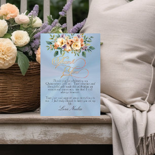 Pastel Blue - Floral & Gold Tiara Quinceanera Thank You Card