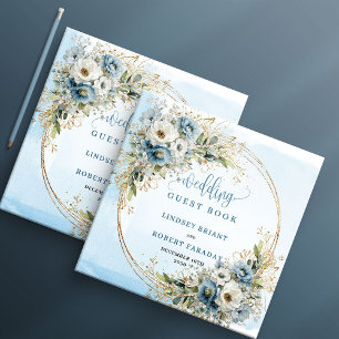 Pastel Blue Floral Greenery Gold Glitter Sign In Guest Book