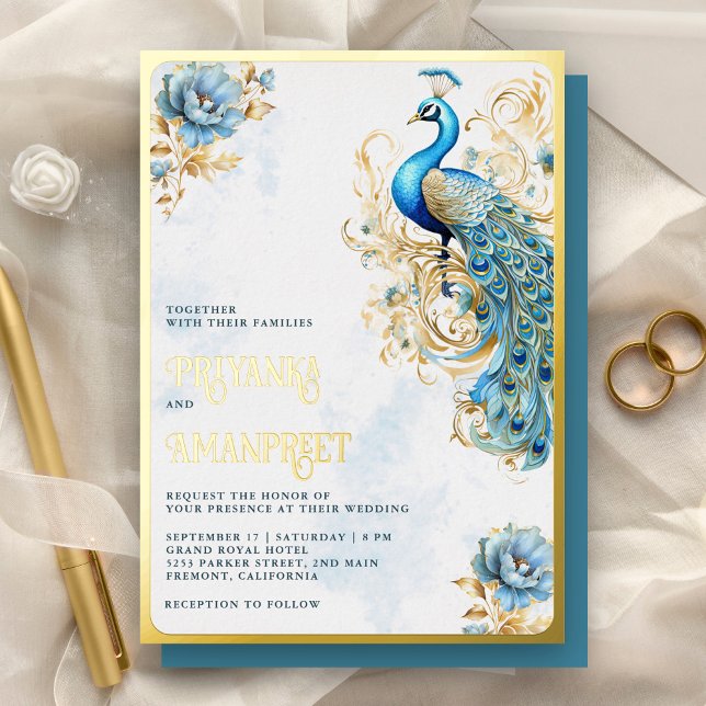 Pastel Blue Floral Indian Peacock Wedding Gold (Creator Uploaded)
