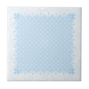 Pastel Blue Floral Lace & White Pearls Ceramic Tile