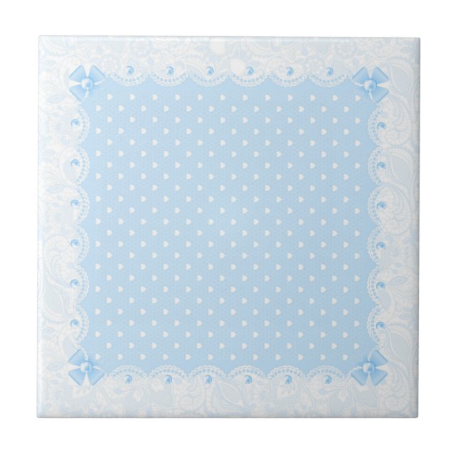 Pastel Blue Floral Lace & White Pearls Ceramic Tile (Front)