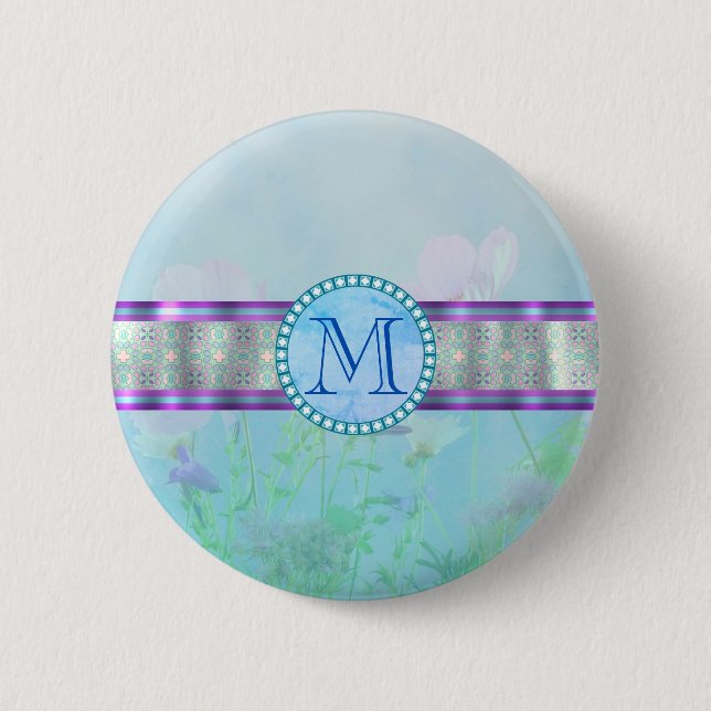 Pastel Blue Floral Monogram 6 Cm Round Badge (Front)