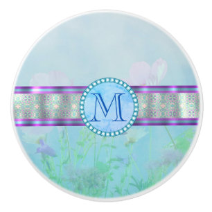 Pastel Blue Floral Monogram Ceramic Knob