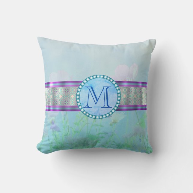 Pastel Blue Floral Monogram Cushion (Front)