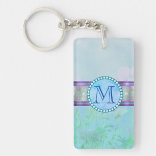 Pastel Blue Floral Monogram Key Ring