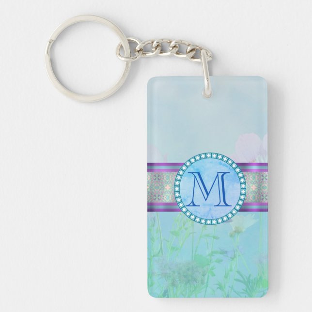 Pastel Blue Floral Monogram Key Ring (Front)
