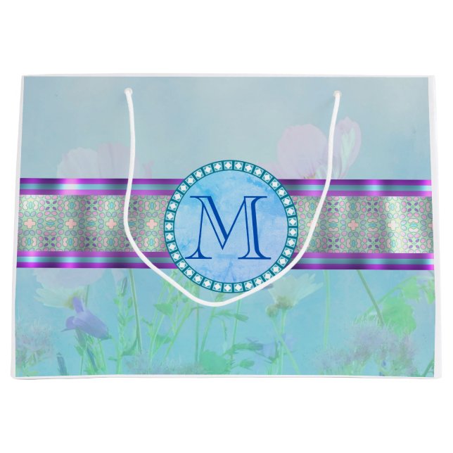 Pastel Blue Floral Monogram Large Gift Bag (Front)