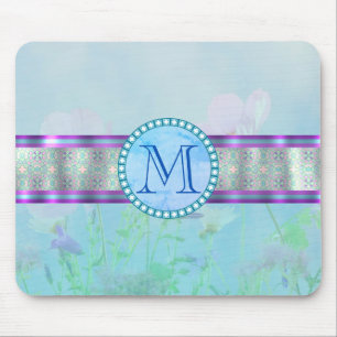 Pastel Blue Floral Monogram Mouse Pad