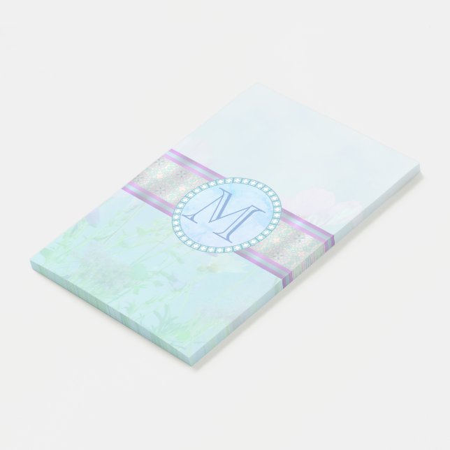 Pastel Blue Floral Monogram Post-it Notes (Angled)