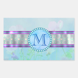 Pastel Blue Floral Monogram Rectangular Sticker