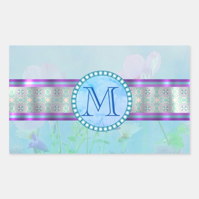 Pastel Blue Floral Monogram Rectangular Sticker (Front)