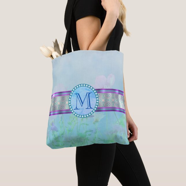 Pastel Blue Floral Monogram Tote Bag (Close Up)