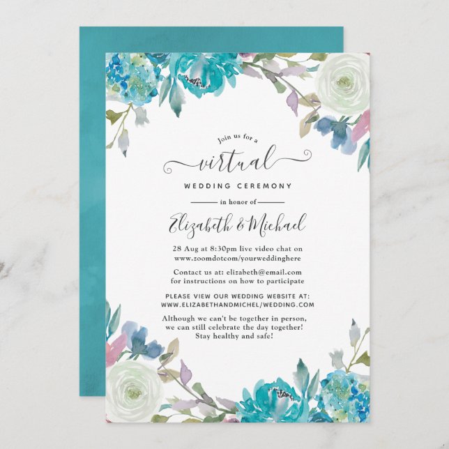 Pastel Blue Floral Online Virtual Wedding Invitation (Front/Back)