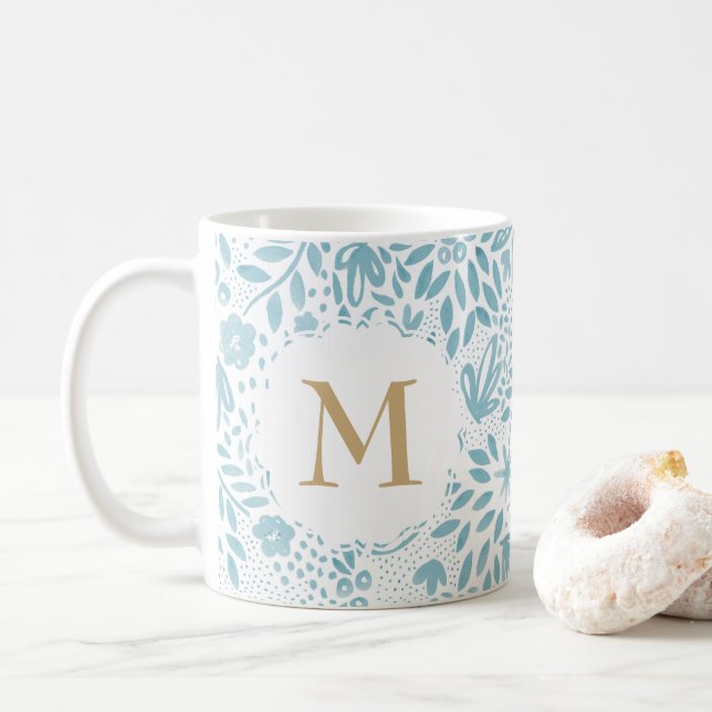 Pastel Blue Floral Pattern Monogram Coffee Mug (With Donut)