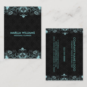 Pastel Blue Floral Swirls Black Background Business Card
