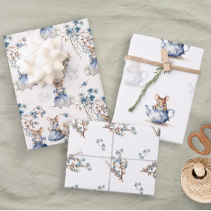 Pastel Blue Floral Tea Mice Wrapping Paper Sheet