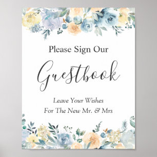 Pastel Blue Floral Wedding Guestbook Sign