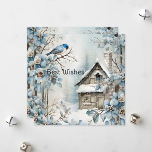 Pastel Blue Flowers Bird Old House Christmas Holiday Card