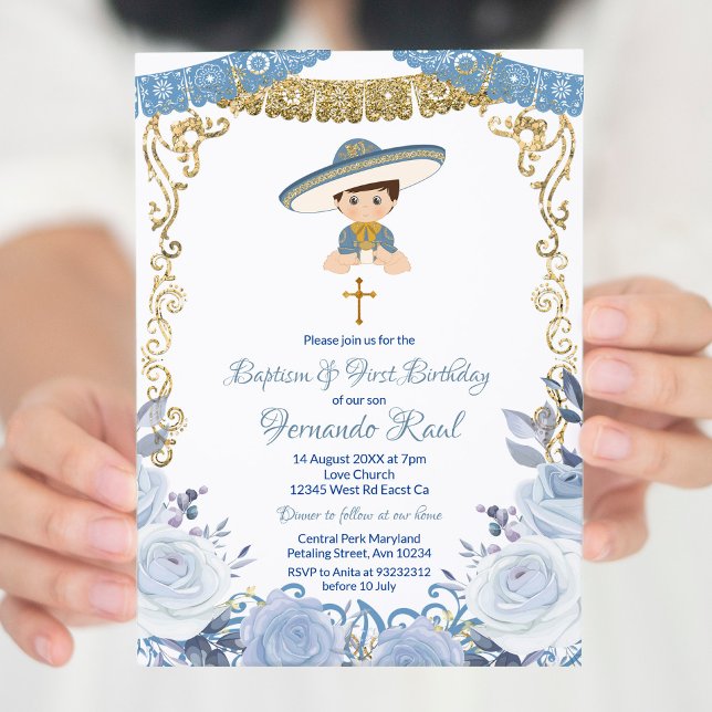 Pastel Blue Flowers Fiesta Baptism and Birthday   Invitation (Creator Uploaded)