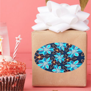 Pastel Blue Flowers Pattern Oval Sticker