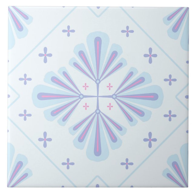 Pastel Blue Geometric Floral Repeat Pattern  Ceramic Tile (Front)