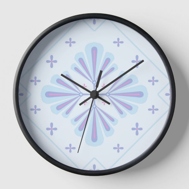 Pastel Blue Geometric Floral Repeat Pattern  Clock (Front)